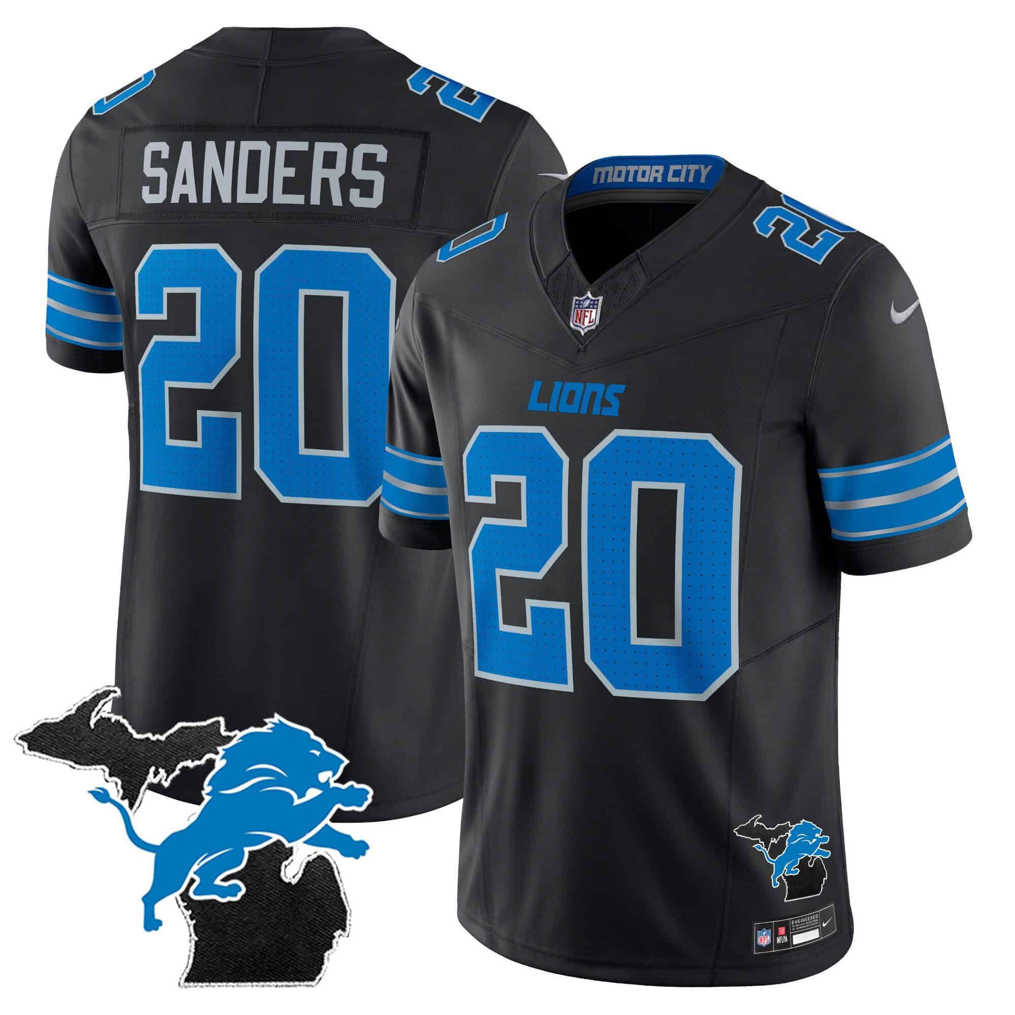 Men Detroit Lions #20 Sanders Black 2024 Nike Michigan Patch Vapor Limited NFL Jersey style 1
